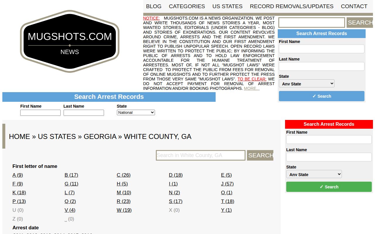 Mugshots.com White County historical archive and search filters