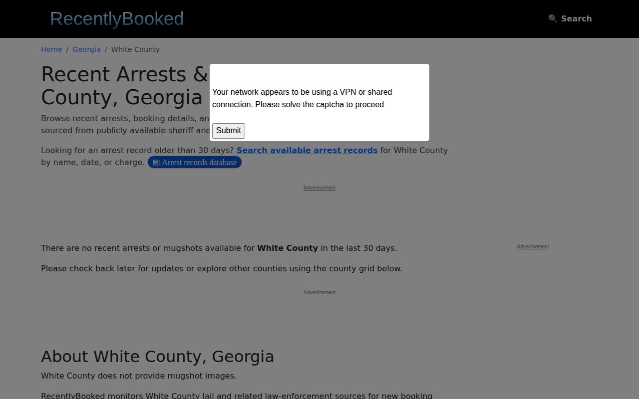 RecentlyBooked White County arrest report landing page