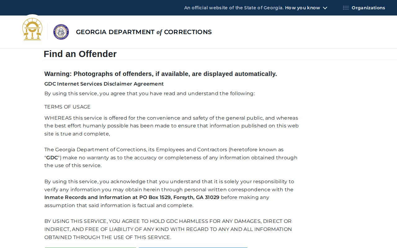 Georgia Department of Corrections offender search form for White County record access
