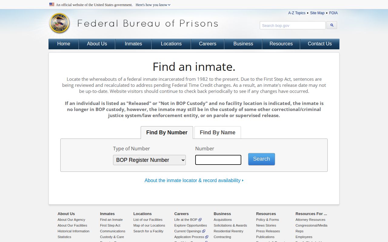Federal Bureau of Prisons locator for White County custody research
