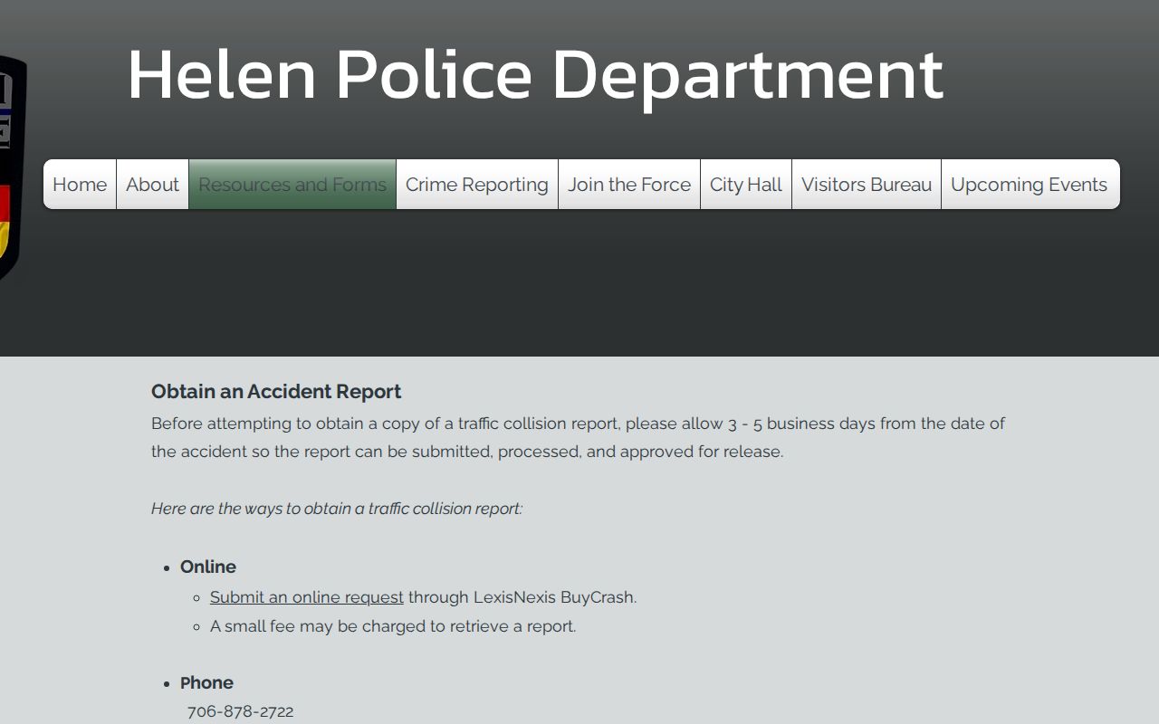 Helen Police incident and accident report request instructions
