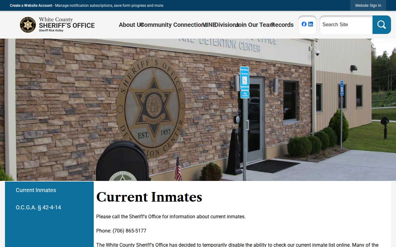 Disabled White County Current Inmates page and booking scam notice